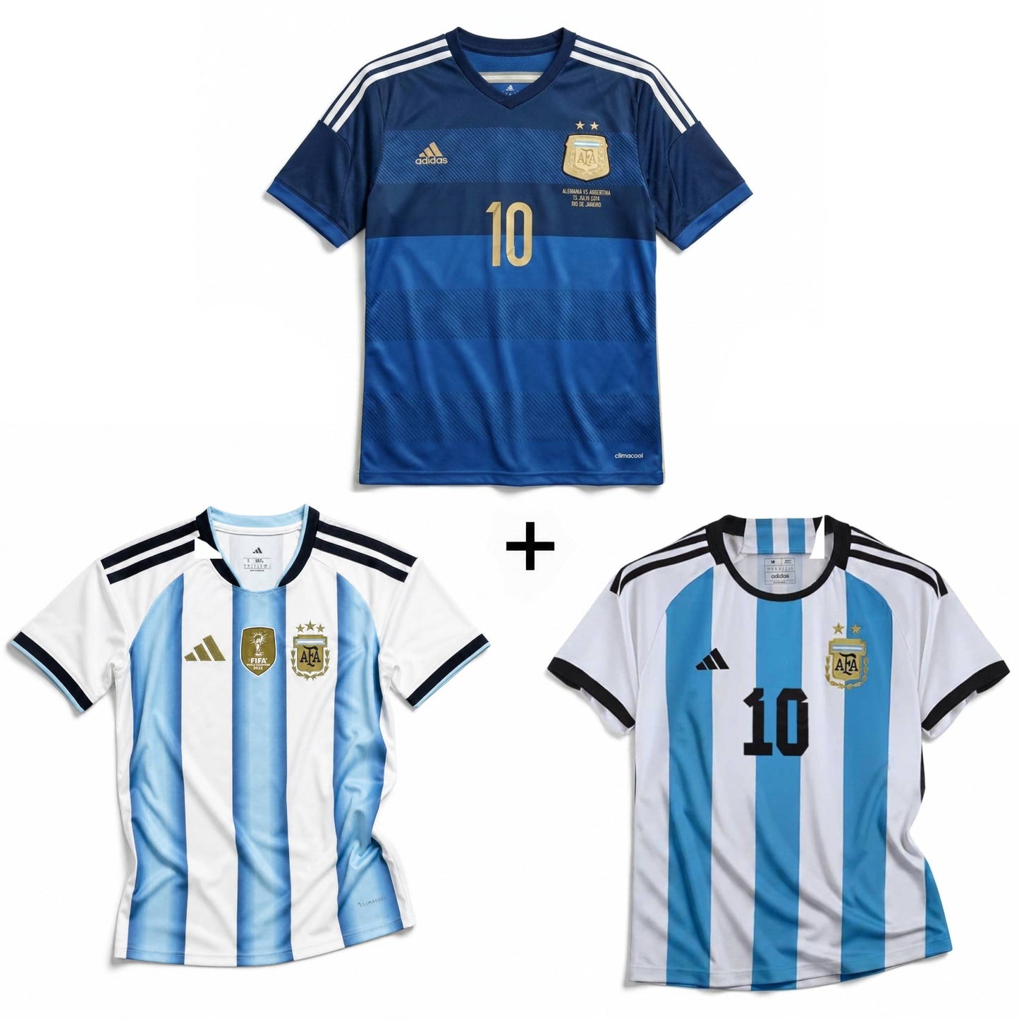 Maillot Messi Argentine Extérieur Coupe du Monde Final 2014 + Maillot Messi Argentine Domicile 2022 Vainqueurs Coupe du Monde + Maillot Messi Argentine Domicile 2026 Coupe du Monde