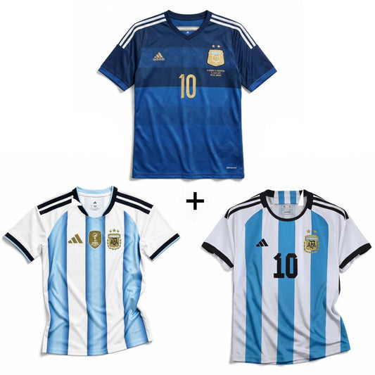 Maillot Messi Argentine Extérieur Coupe du Monde Final 2014 + Maillot Messi Argentine Domicile 2022 Vainqueurs Coupe du Monde + Maillot Messi Argentine Domicile 2026 Coupe du Monde