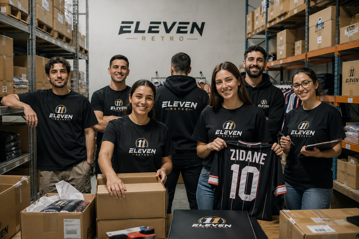 L'équipe Eleven Retro dans notre entrepôt, préparant les commandes